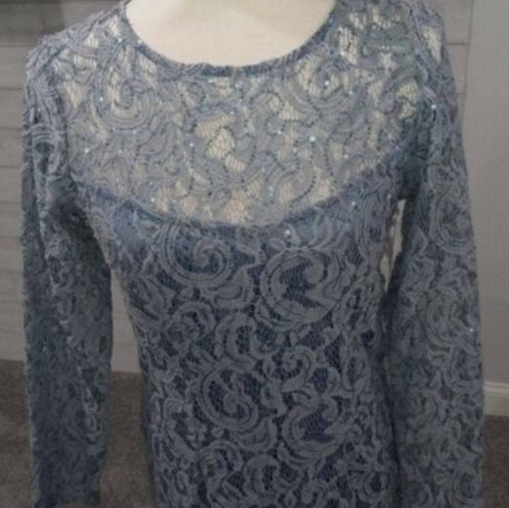NWT! MARINA Elegant Blue Lace Evening Gown (M) MSRP $150 - Picture 7 of 9